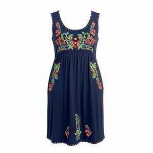 Navy Dress with Colorful Embroidery